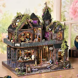 [Magic Castle] 3D Wooden Puzzle, DIY Book Nook Kit, Miniature Dollhouse Model Kit, Christmas Gift with LED Light, Handmade Craft