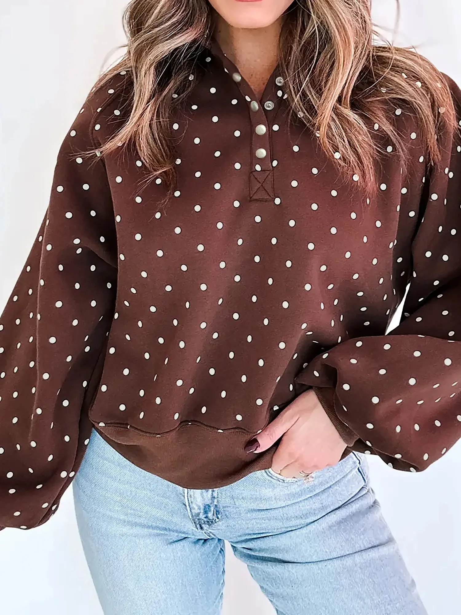 Women's Polka Dot Half Button Collared Sweatshirt, Metal Button Long Sleeve Casual Pullover