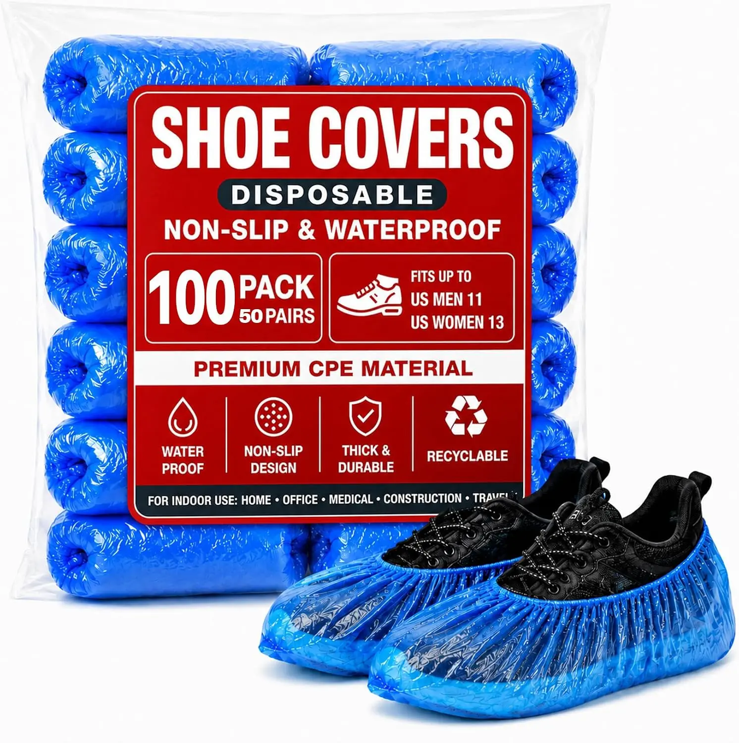 100 Pack Disposable Waterproof Non-Slip Plastic Shoe Covers - Universal Fit Booties for Home Guests, Indoor Floor Protection, Home Care & Cleaning Supplies