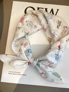 Fairy Tale Puppy Silk Scarf for Women, Small Square Cartoon Versatile Fashion Skin Show Headscarf Neck Warmer Wrap, Fashion Hair Scarves