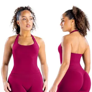 DFYNE Impact Halter Top Women's Seamless Halter Tank Top Backless Sports Activewear Fitness Gymwear Soft Supportive Halterneck Longline Design High Stretch Durable Fabric Built-in Bra Removable Pads