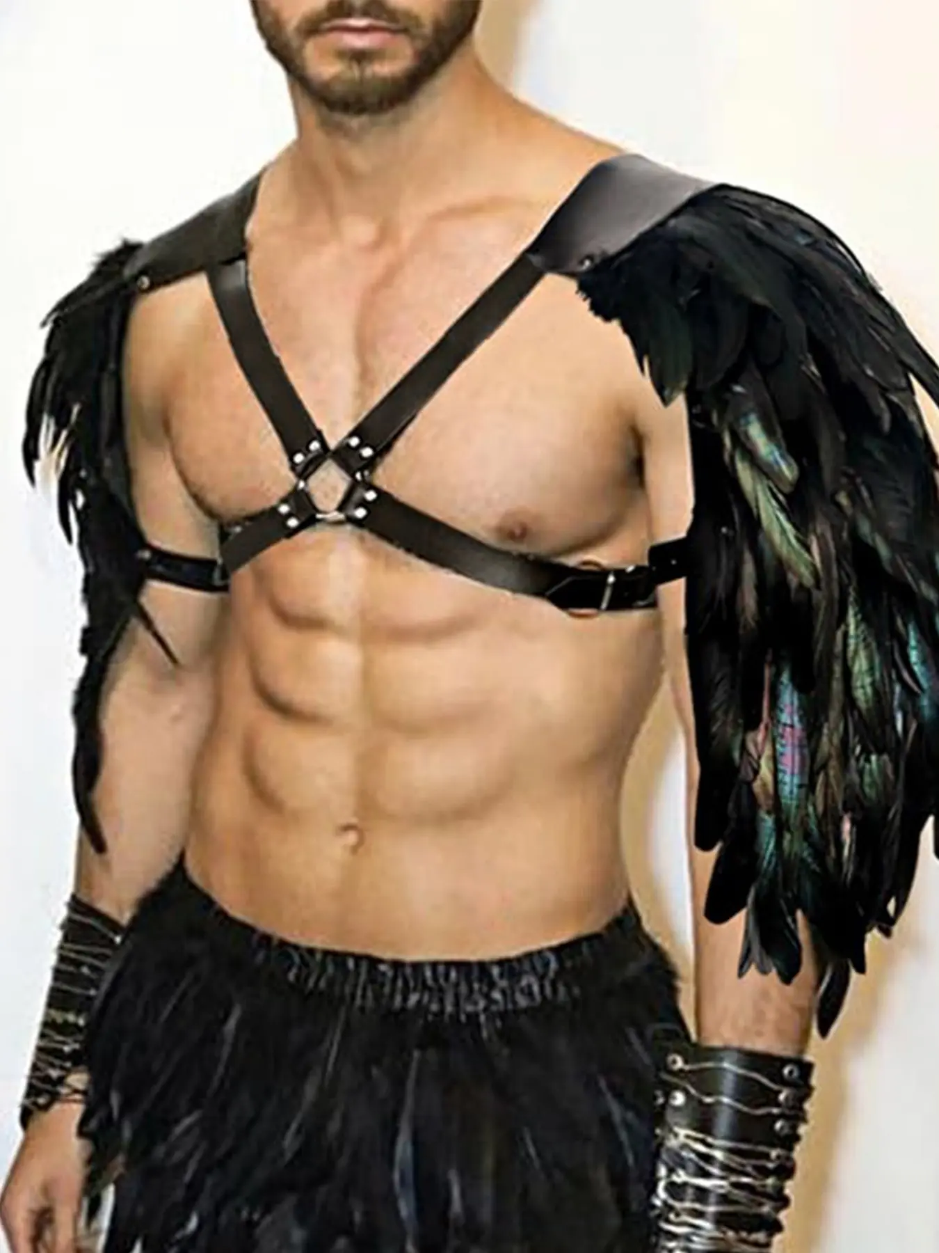 Gothic Feather Shoulder Armor for Men Leather Harness Medieval Guards Halloween Cosplay Fantasy Costume Army Costume Diabolic Outfit