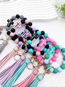 Jesus Cross Silicone Beaded Keychain, Trendy Cute Keychain with Tassel, Anti-Lost Wristlet Charm, Great Gift for Friends, Casual Style Bag Accessory, Keychain for Bags, Keychain Bag Pendant