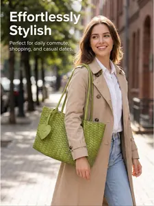 Handmade Woven Texture Shoulder Bag, Elegant Simple Design, Includes Zippered Inner Pouch, Enhances Security and Organization