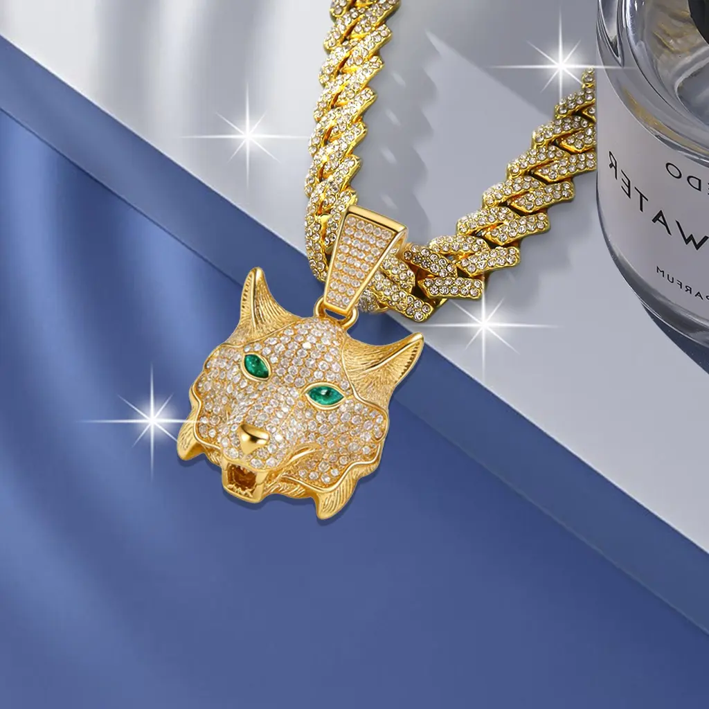 Mens Cuban Link Chain for Men, Iced Out Wolf Head Pendant Miami Cuban Necklace, Gold Silver Plated Bling Cubic Zirconia Hypoallergenic Tarnish Resistant Hip Hop Rapper Animal Pendant Streetwear Jewelry Gift for Men