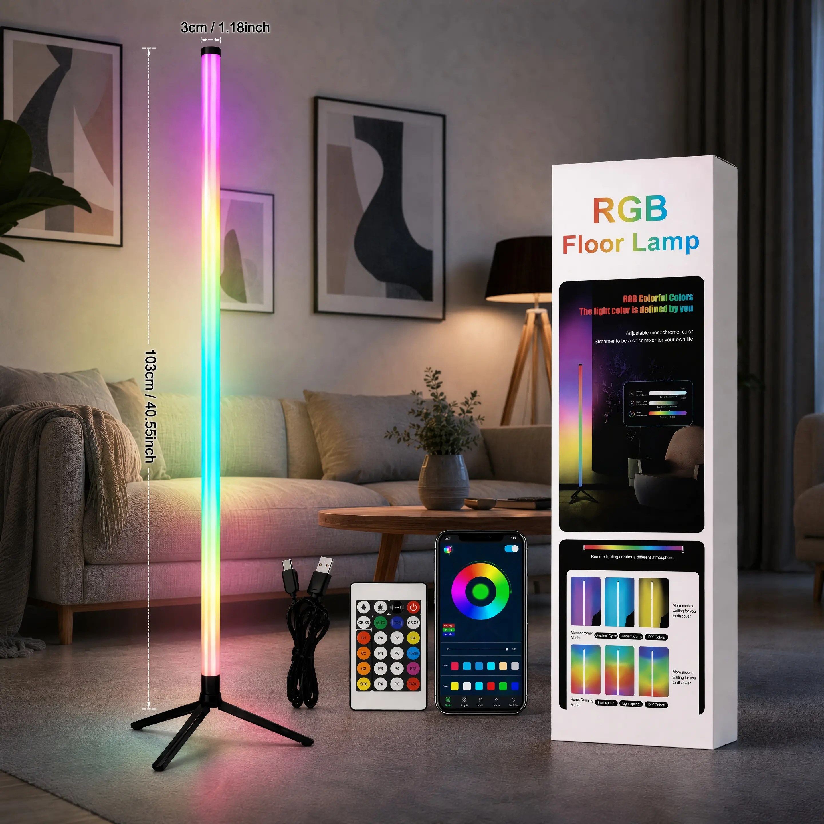 1/2 Pack RGB Floor Lamp, Basic Version, USB 5V LED Corner Light with App & Remote Control, Smart Modern Music Sync LED Standing Lamp, 16 Million DIY Colors, Room Decor for Bedroom, Living Room & Halloween