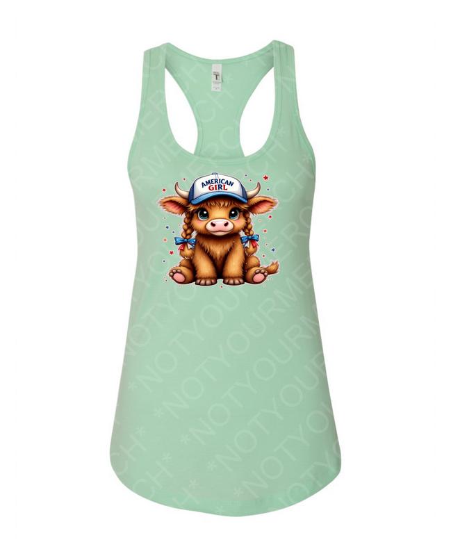 American Girl Highland Cow Tank – Cute Patriotic Animal Top
