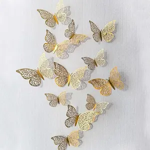 12pcs 3D Butterfly Wall Stickers, Creative Hollow Out Decorative Paper Decals, Party Cake Home Decoration, Adhesive Stickers