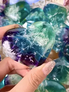 1pc Glam Boho Style Feather Fluorite Crystal Heart | Unique Collectible Gift, Crystal Palm for Home Office Decor