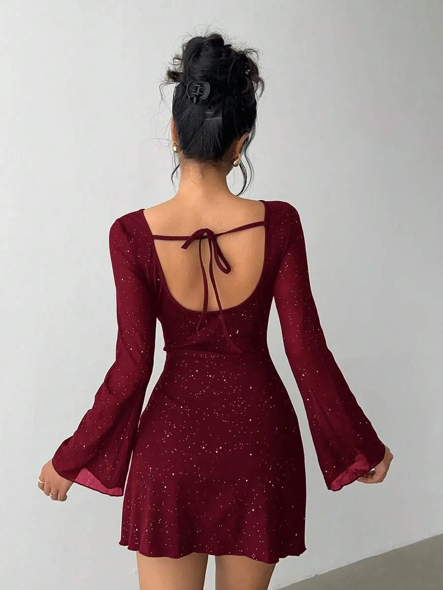 Aloruh Elegant Bow Tie Backless Sexy Glitter Fabric Fitted Mini Dress,Wedding Guest Dress Women,Red Dress,Christmas,New Year Dress