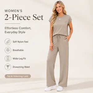 Womenswear 2 Piece Sets for Women Casual Summer Travel Vacation Outfits Cap Sleeve Lounge Set Chic Crewneck Soft Silky Breathable Clothes