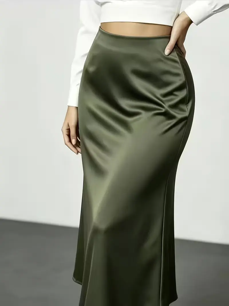Army green satin high-waisted skirt; a flowy, A-line midi skirt with a mermaid silhouette—suitable for work or dates.