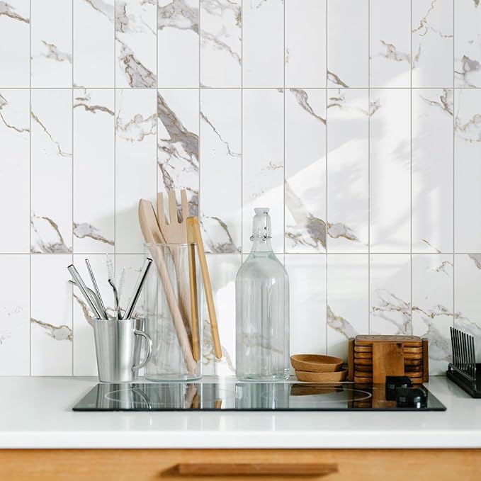 Vamos Tile 40-Piece Glossy Statury White Peel and Stick Backsplash Wall Tiles with Dark Gray Grout, 3" x 12" PVC Faux Stone Backsplash Tiles for Kitchen, Bathroom, Laundry Room, Camper, Fireplace