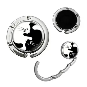 Cute Black White Cat Foldable Purse Hook, Carry Purse Hook,Womens Bag Purse Hanger,Purse Holder Handbag Hanger Desk Table Bag Hooks for Women Bag