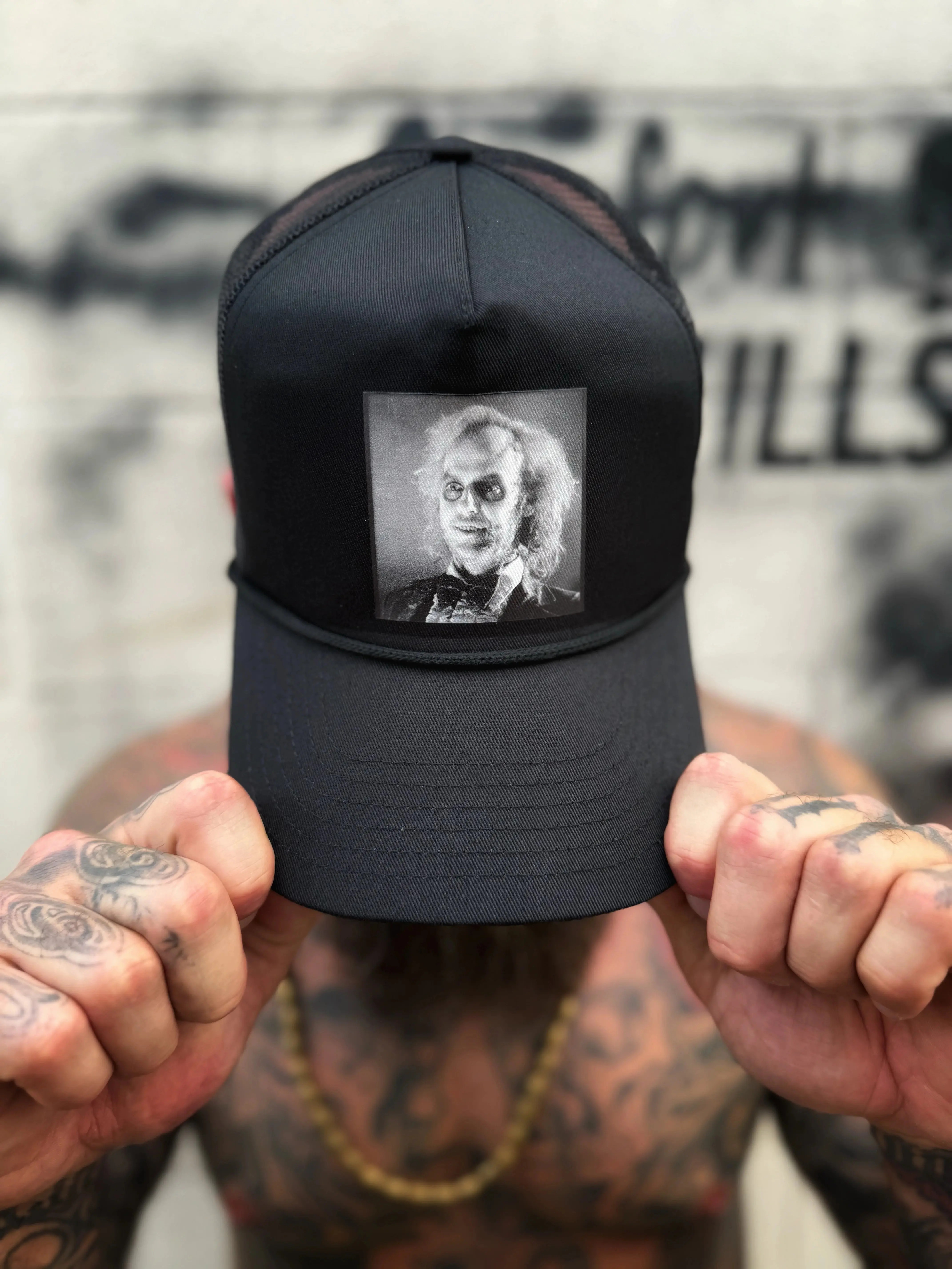 TheDriveClothing Beetlejuice Curved Bill Black Hat – Snapback Trucker Cap, White Print, Adjustable One Size Fits All, Mesh Back Breathable Streetwear Headwear