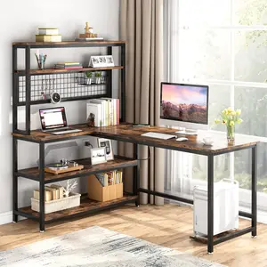 LITTLE TREE 55" L-Shape Computer Desk with Hutch and Wireless Charging, Office Desk Study Table Writing Desk Workstation with 5 Shelves and Movable CPU Stand for Home Office