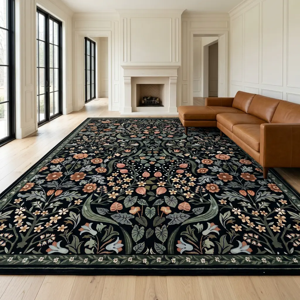 RUGIXE Machine Washable Dark Floral Area Rug 8x10 5x8 4x6 ft, Black Botanical Vintage Cottagecore Soft Velvet Low Pile Rug with TPR Non Slip Backing, Comfortable Durable Wear Resistant Floor Carpet for Living Room Bedroom Dining Office