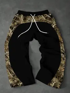 Men's camouflage patchwork drawstring pants, streetwear black and RealTree camouflage contrasting wide-leg pants, Y2K retro trousers, casual sports style, retro trendy sense, personalized design, classic color, timeless, easy to match