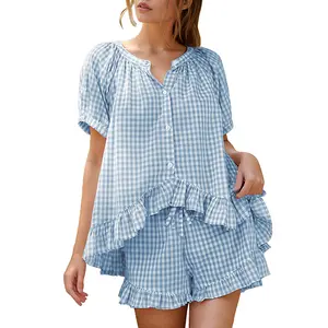 Gingham 2 Piece Cotton Pajama Set, Short Sleeve Ruffle Lounge Shorts Set