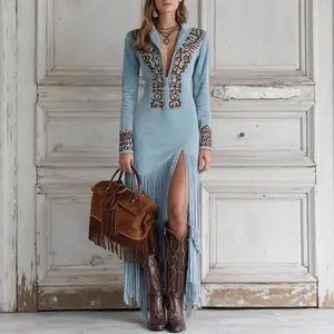 Embroidered Split Long Dress for Women, Bohemian Style V-Neck Long Sleeve Slim Fit Vacation Commuting Dress