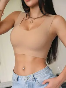 Women's Nude Wireless Bra Thin Fabric Lift & Support Removable Pads Seamless Comfortable Elastic Wide Straps U-Shaped Sports Bra Apricot T-Shirt Style High Stretch