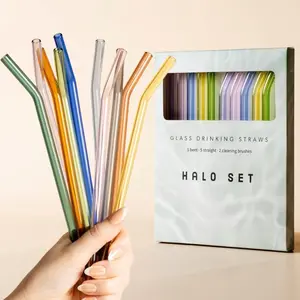 10 count  Glass Drinking Straws, Colorful and Durable Glass Straws for Beverages, Smoothies, Iced Coffee, Matcha, Juice, Set of 10-5 Straight, 5 Bent, 2 Cleaning Brushes - (Halo Set, Classic)