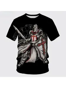 New 3D printed men's Templar knight summer outdoor sports breathable, casual street short-sleeved t-shirt top