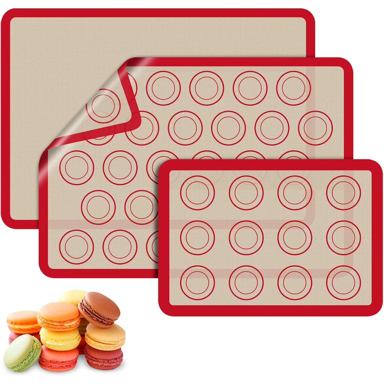 Macaron Silicone Baking Mat, 3-Piece Set Non-Stick Macaron Mat Silicone Suitable for Macarons, Cookies, Pastries, Red