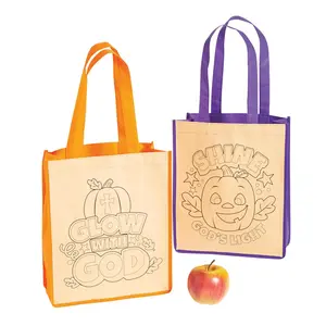 Color Your Own Medium Christian Pumpkin Halloween Nonwoven Tote Bags - 12 Pc.