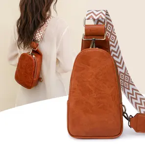 Women Chest Bag Sling Bag, Guitar Strap Small Crossbody PU Leather Satchel Daypack