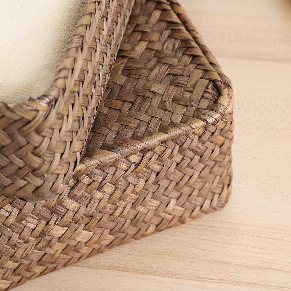 Set of 2 Flat Woven Wicker Storage Bins with Lid Natural Seagrass Basket Multipurpose Home Boxes for Shelf Organizer (Coffee)