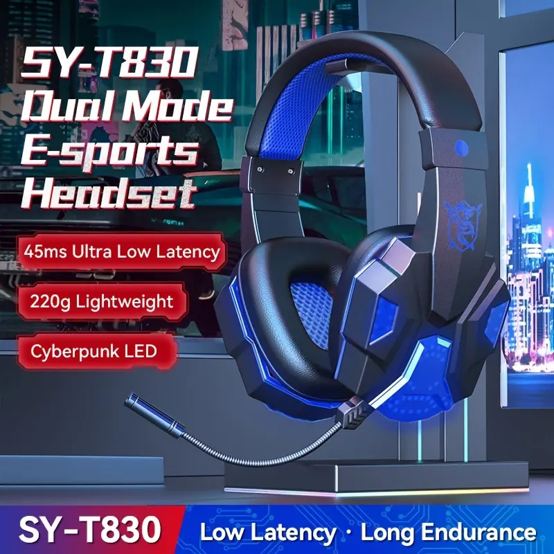 Cyberpunk Wireless Game Headset for Adult, Over-Ear Headband with Noise-Isolating Mic, 45ms Low Latency for PC Game & Cellphones, With Wi-Fi Function