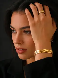 18K Gold Plated Stainless Steel Adjustable Bangle and Ring Set for Women - Textured Luxury Jewelry Set, Elegant Design, Perfect Gift for Her, All-Season Wear, Durable & Stylish Accessory