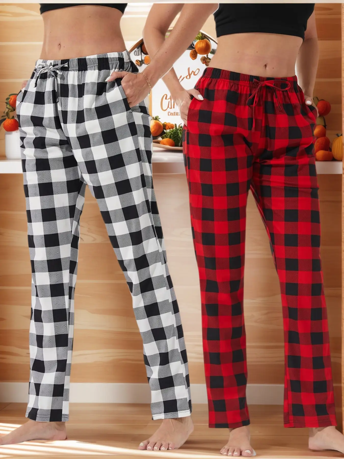 Women's Plaid Print Drawstring Waist Pajama Pants, Casual Comfy Pocket Trousers for Daily Wear, Ladies Sleepwear Loungewear for All Seasons