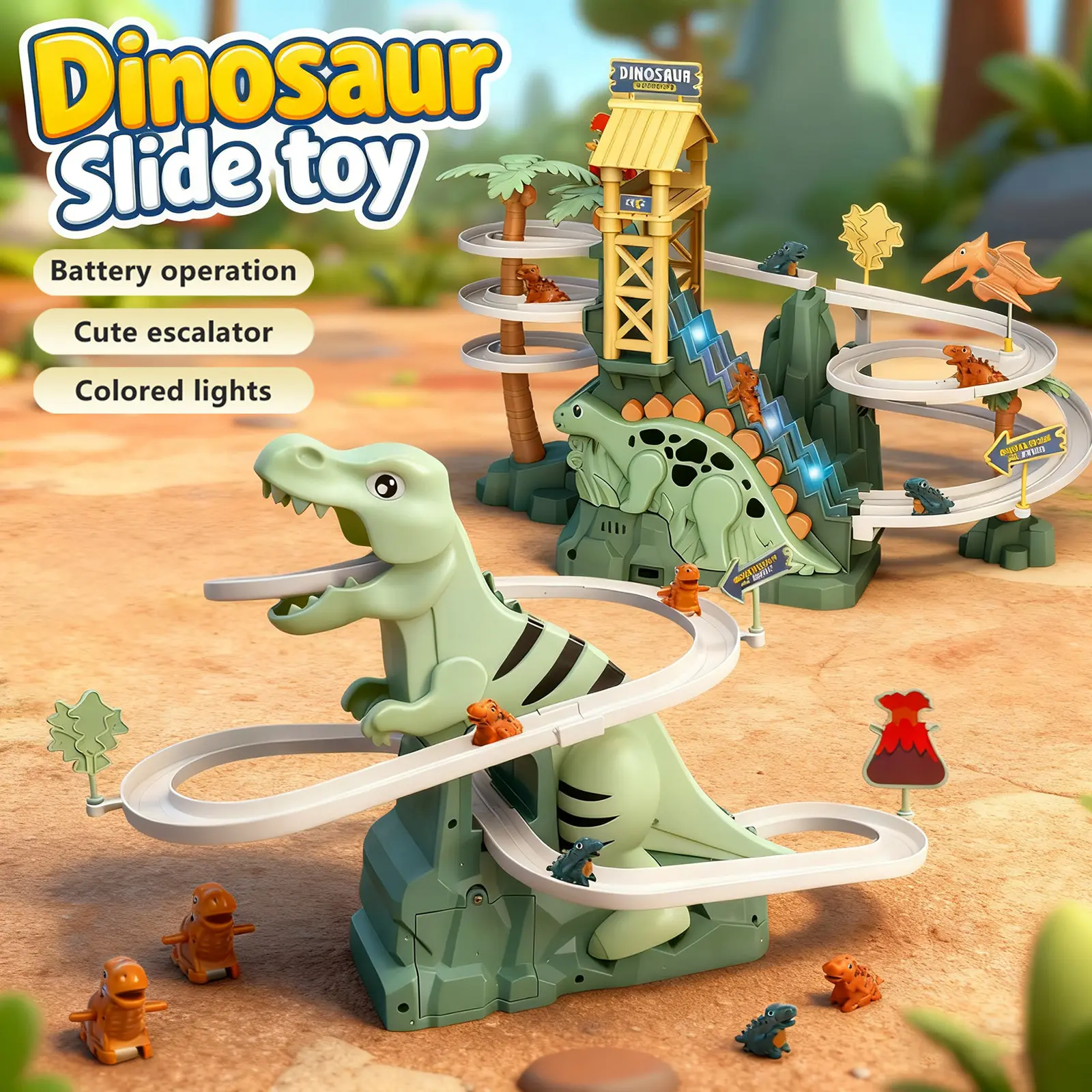 Dinosaur Climbing Slide Toy With Interactive Race Track and Mini Dinosaur Cars, Double Loop Track, Lights & Music, Stair Climbing Toy for Kids, Perfect Birthday and Christmas Gift