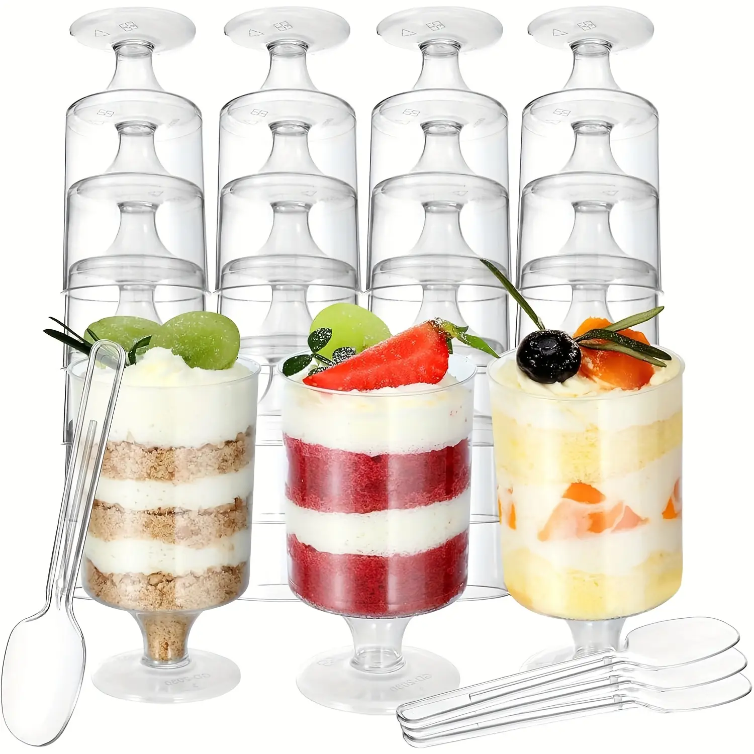 20pcs Dessert Table Mousse Cups Pudding Cups with Spoons, Individual Dessert Cups, Jelly Cups, Ice Cream Cups, Transparent Hard Stemmed Shot Glasses, Plastic Clear Cups, Party Cups, Suitable for Family Gatherings, Birthday Parties, Dessert Cake Shops