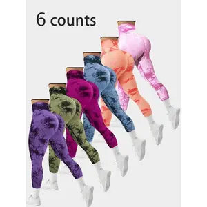 6 pcs Women's Tie Dye Pattern Ruched High Waist Sports Leggings, Casual Sporty Comfy Breathable  High Stretch Skinny Pants for Yoga Gym Workout Running, Ladies Sportswear for All Seasons, Tummy Control