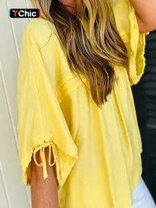 Summer Casual Loose Fit Round Neck Shell Button Texture Pullover, Pure Color Daily Wear, Blouse, Top, Comfortable and Stylish Summer Apparel