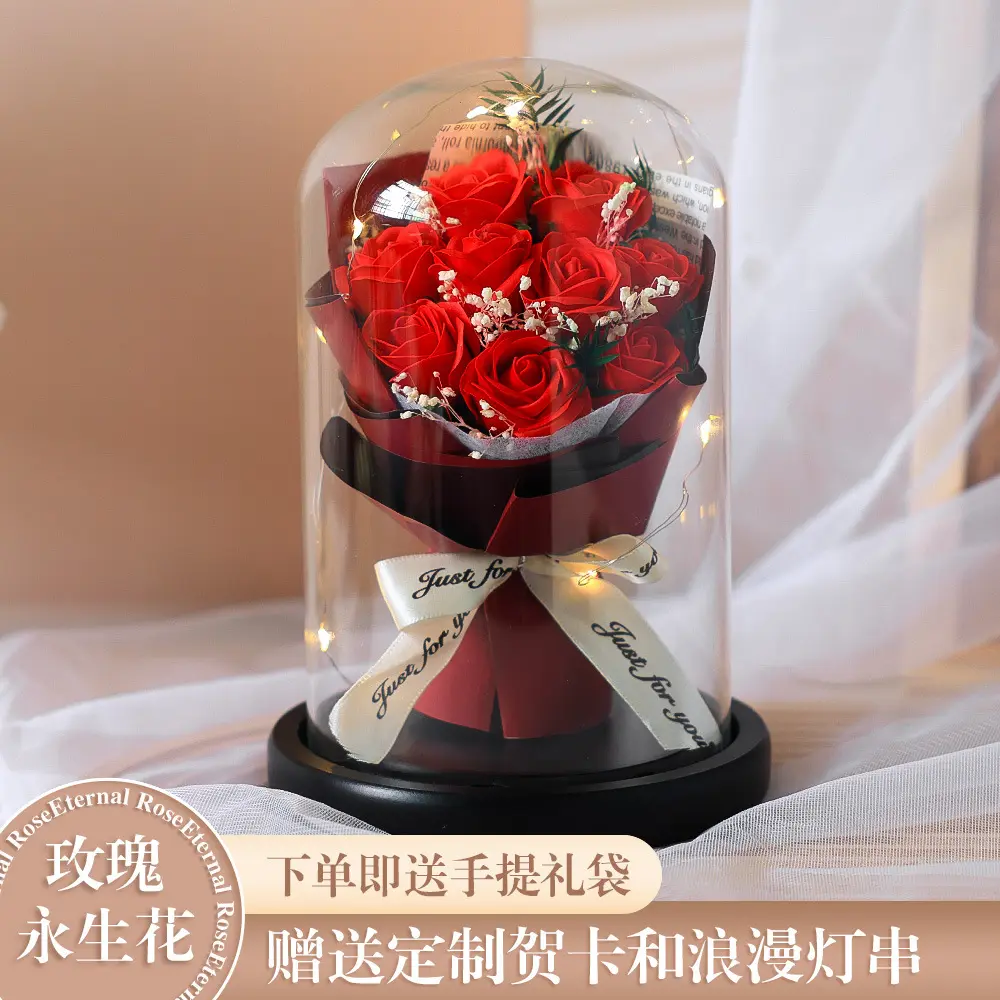 Preserved Rose Glass Dome, Red Rose & Baby's Breath, LED Light, Gift Bag & Card Included