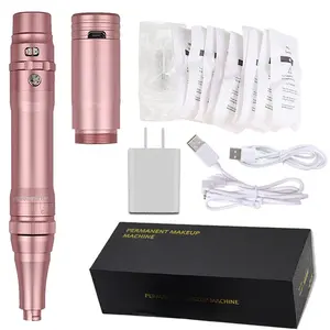 Permanent Makeup Rotary Tattoo Eyebrow Pen Machine with 10PCS Needles For Eyebrows Lips Eyeliners (Rose Gold)