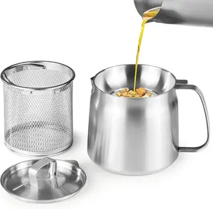 50oz/1.5L 304 Stainless Steel Oil Filter Pot, Bacon  Saver with Strainer & Deep Fryer Basket, Multifunctional  Container for Kitchen Compatible with All Cooktops, Dishwasher Safe