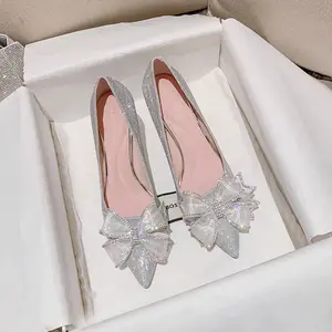 Sparkly Silver Stiletto Pumps With Oversized White Bow, Glamorous Dress Shoes For Weddings, Parties, Or Formal Events, Fairytale-Inspired Footwear