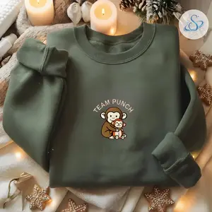 Team Punch Embroidered Sweatshirt, Viral Punch Monkey Crewneck, Cute Monkey Plush Graphic Pullover, Cozy Funny Meme Gift for Women Men Friends and Trend Lovers