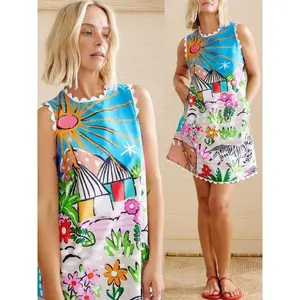 Women's Tropical Print Linen Dress - A-Line Shift Mini With Side Pockets, Retro Futuristic Tropical Beach Pattern Summer Outfit For Pool Parties/Island Vacay/Boho Festivals