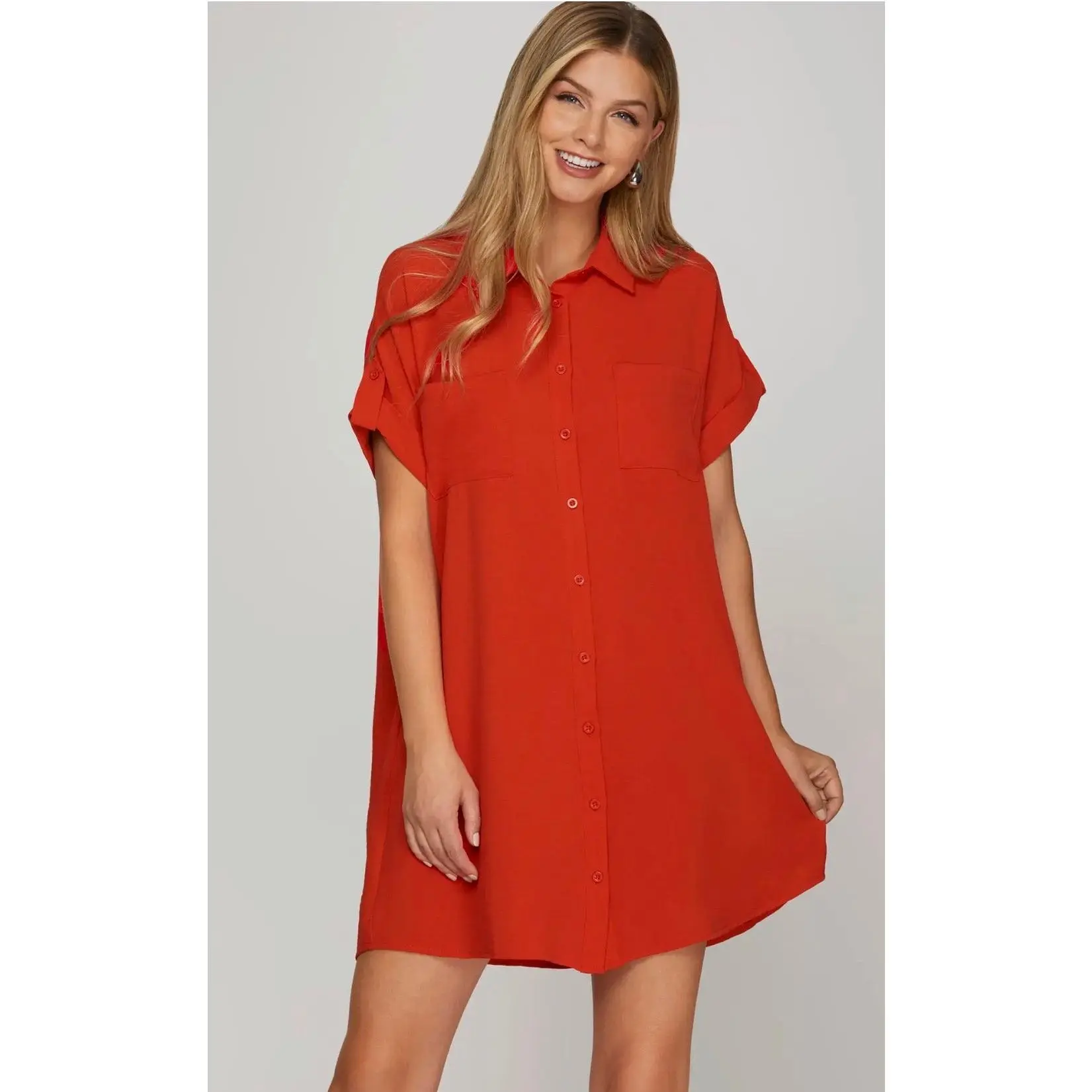 Red woven shirt dress
