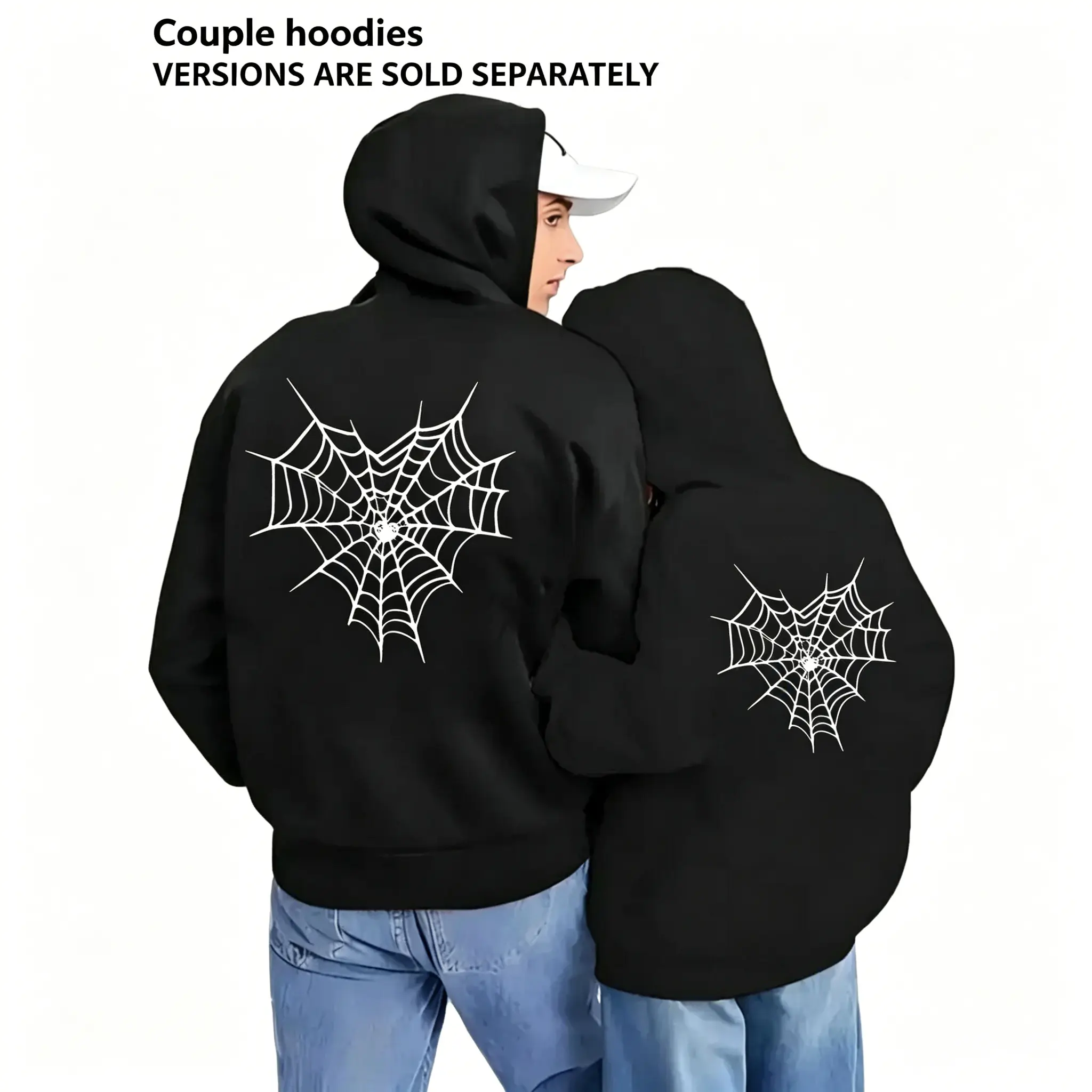 Unisex Casual Zip-Up Hoodie with Heart Spider Web Print, Long Sleeves, Drawstring, Soft Breathable Fabric, Tops
