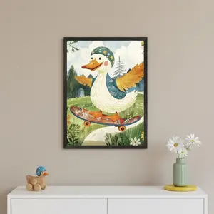 2D Flat Duck Skateboard Frame Wall Art Poster, Unusual Nursery and Kids Room Decoration, Pine Wood Inner Frame Painting