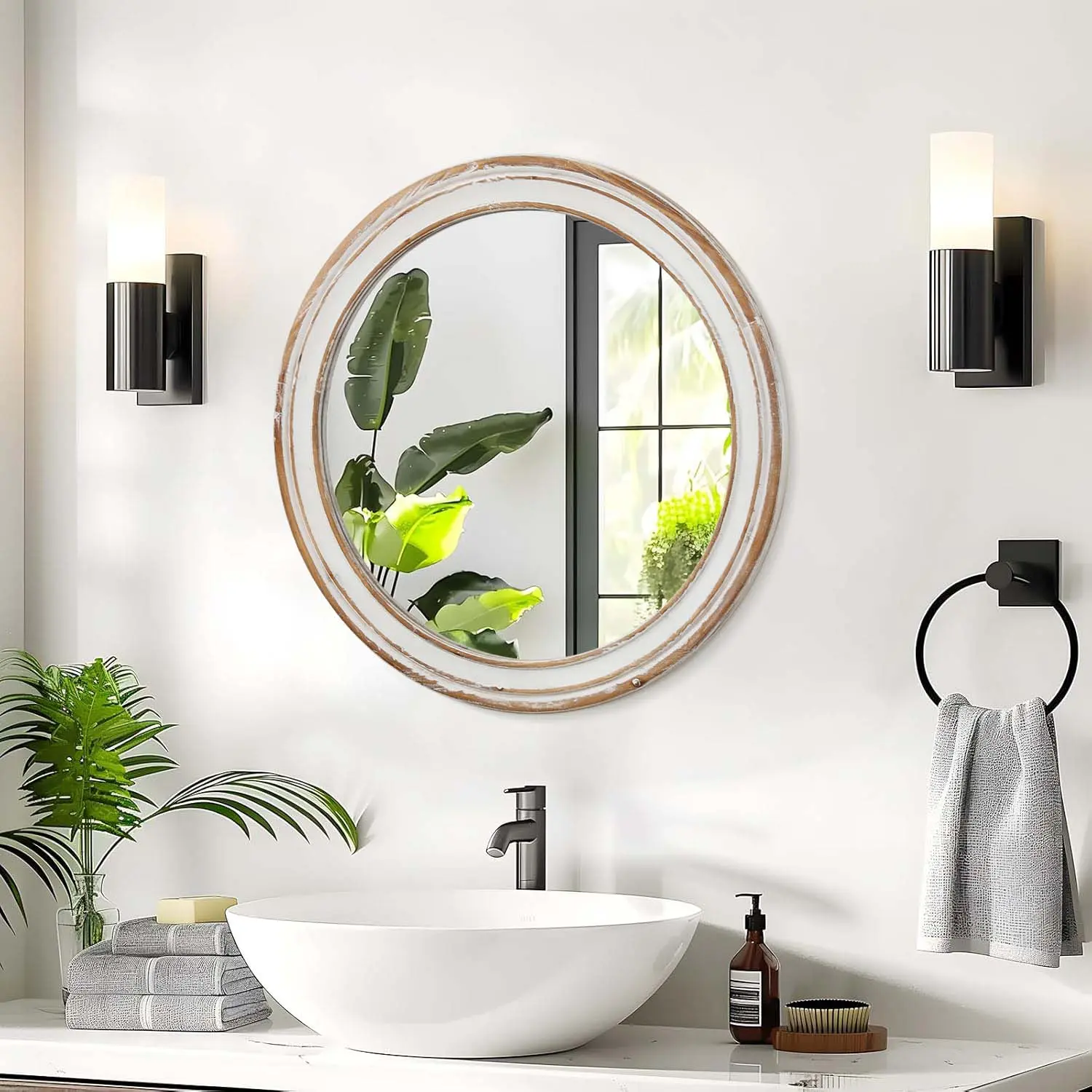 23.62" Round Wall Mirror for Bathroom Vanity, Wooden Farmhouse Circle Mirrors for Bedroom, Entryway, Living Room, Kithen Whitewash Edge Decorative Mirror for Home, Office