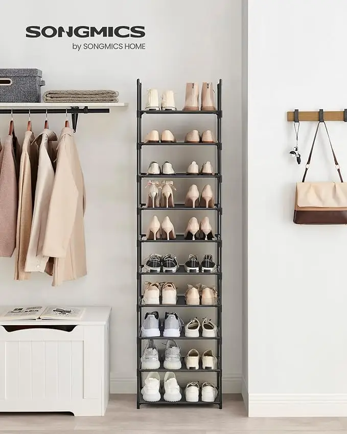SONGMICS HOME 10 Tier Shoe Shelf, Shoe Storage Organizer, Space-Saving, Metal Frame, Non-Woven Fabric Shelves, for Entryway, Bedroom Racks