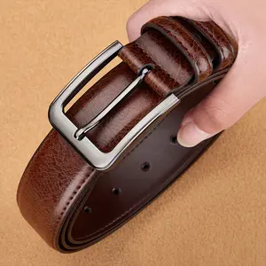 Men’s leather belt with a pin buckle featuring an adjustable classic rectangular head and a vintage cracked texture; a durable, casual yet formal dress belt suitable for various occasions—an excellent gift for Valentine’s Day and Father’s Day.